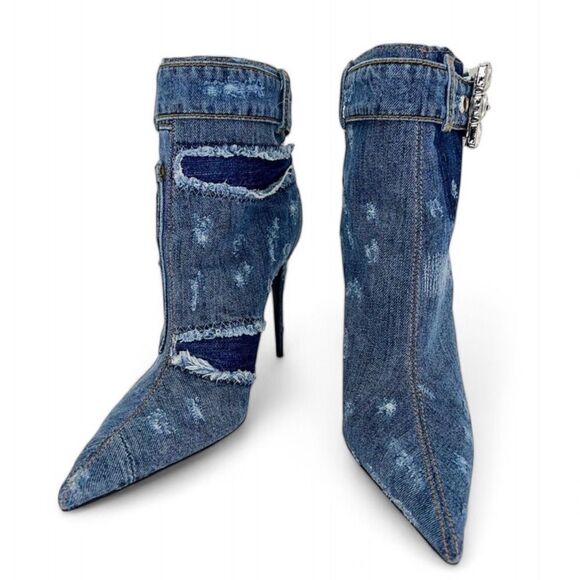 NWT DOLCE & GABBANA Dark Denim Patchwork DGLogo Rhinestone Ankle Boots S… - Picture 3 of 12